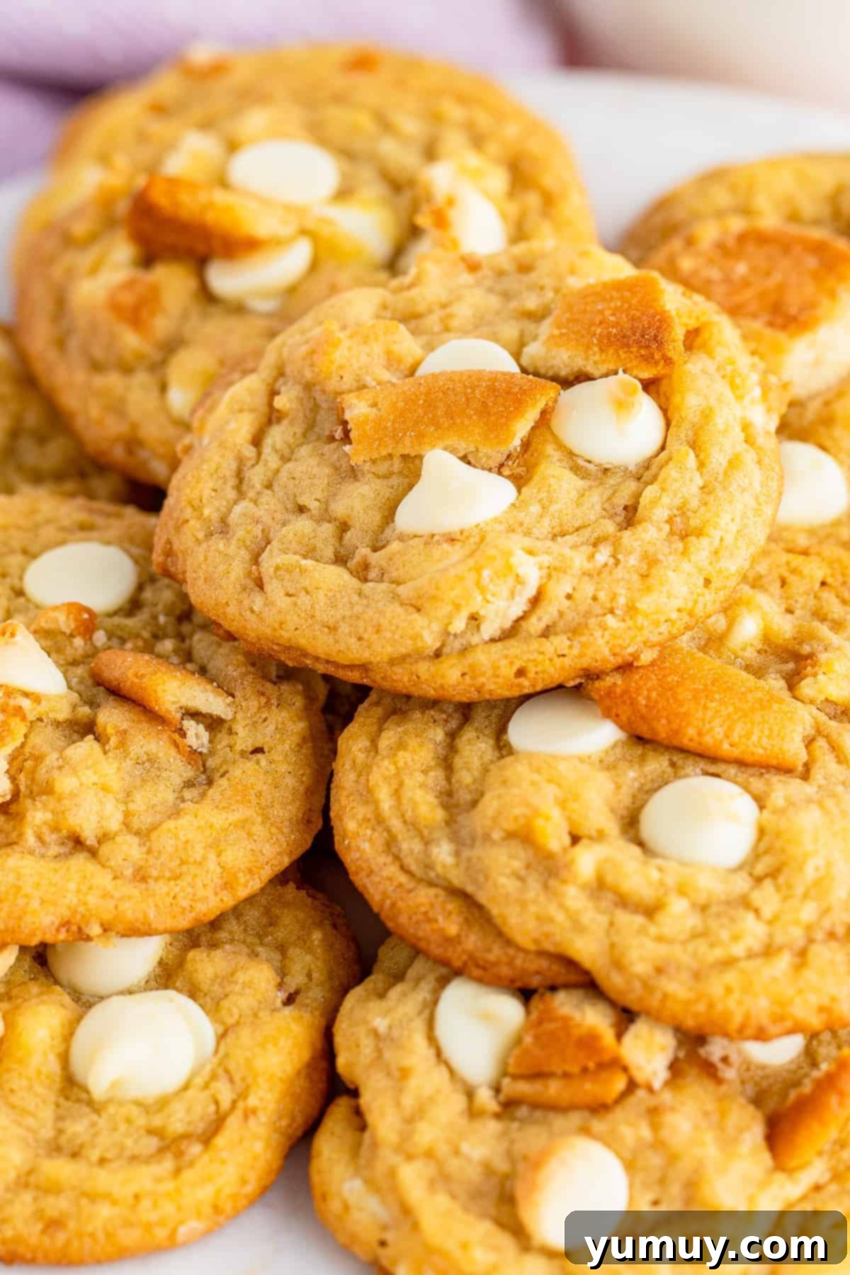 A close-up view of perfectly stacked banana pudding cookies on a white plate, highlighting their tempting texture.
