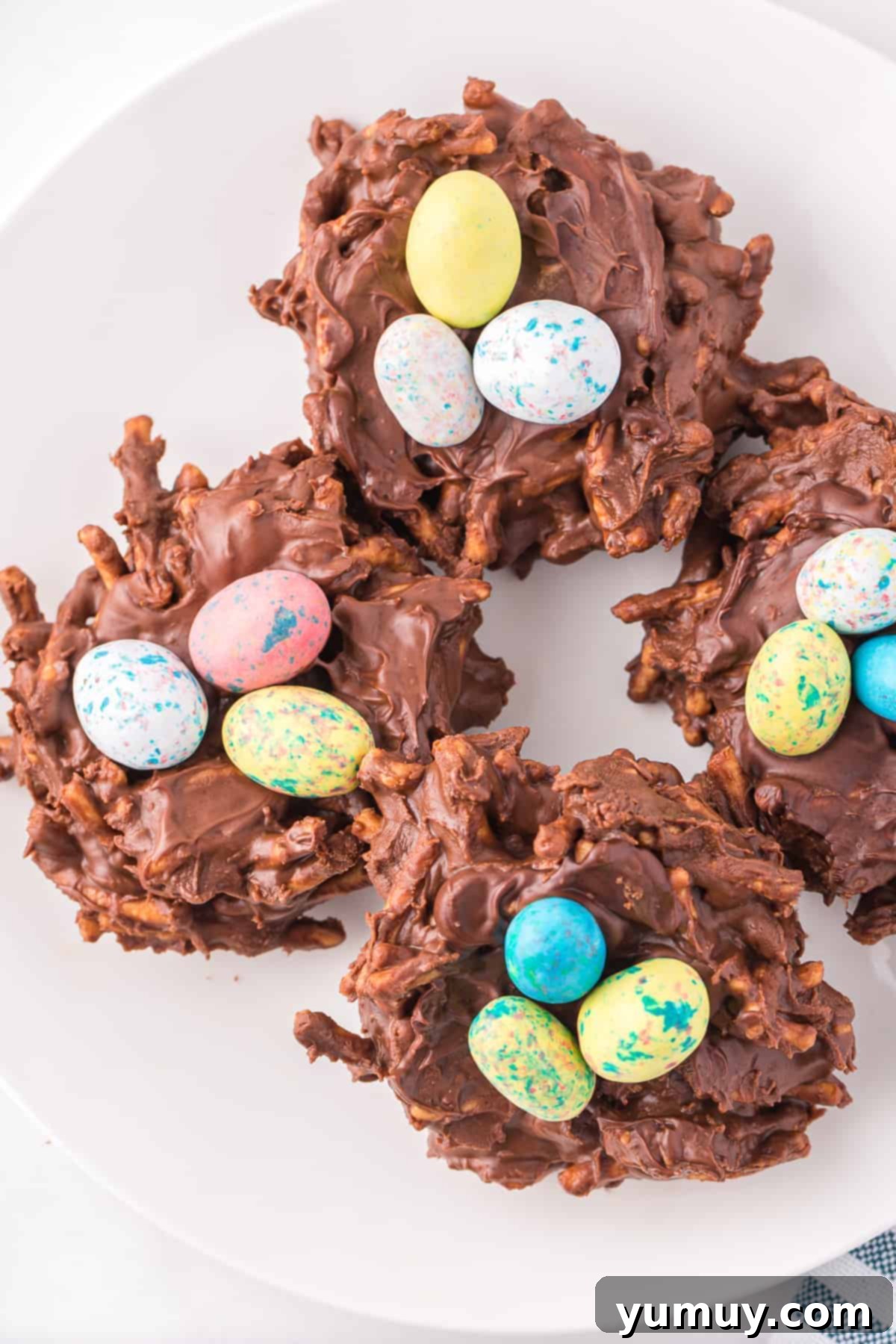 Four charming bird's nest cookies, topped with small chocolate eggs, presented on a pristine white plate.