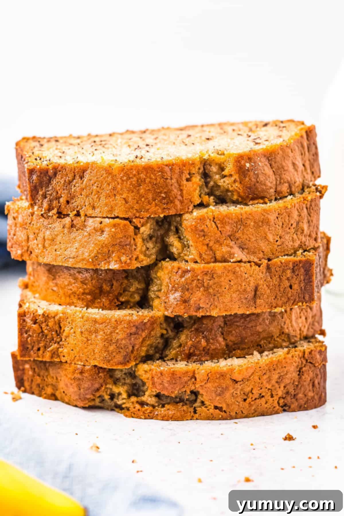 Hearty Bread Flour Cinnamon Banana Loaf 2 stacked slices of cinnamon banana bread, showcasing its moist and dense texture