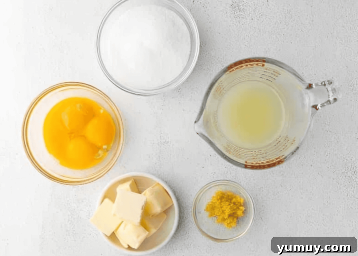 Homemade Lemon Curd: Bright, Tangy Perfection 8 All the fresh ingredients laid out for making lemon curd.
