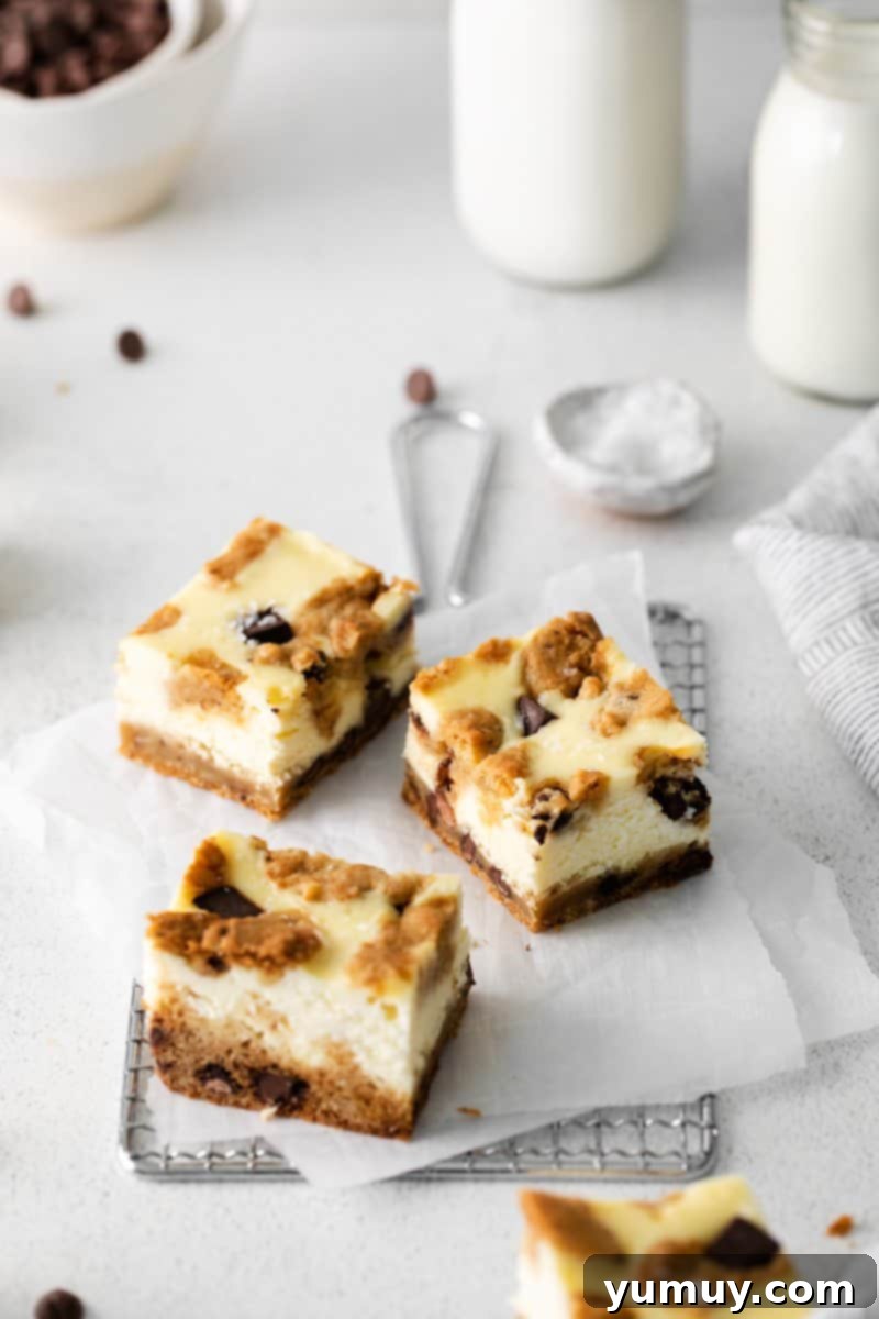 Decadent Chocolate Chip Cheesecake Squares 2 chocolate chip cookie cheesecake bars