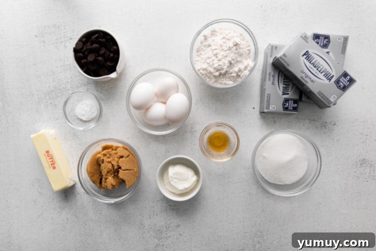 Decadent Chocolate Chip Cheesecake Squares 11 ingredients for chocolate chip cookie cheesecake bars