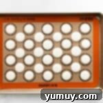 Berry Bliss Macarons 10 piped macaron shells on a silpat lined baking sheet.