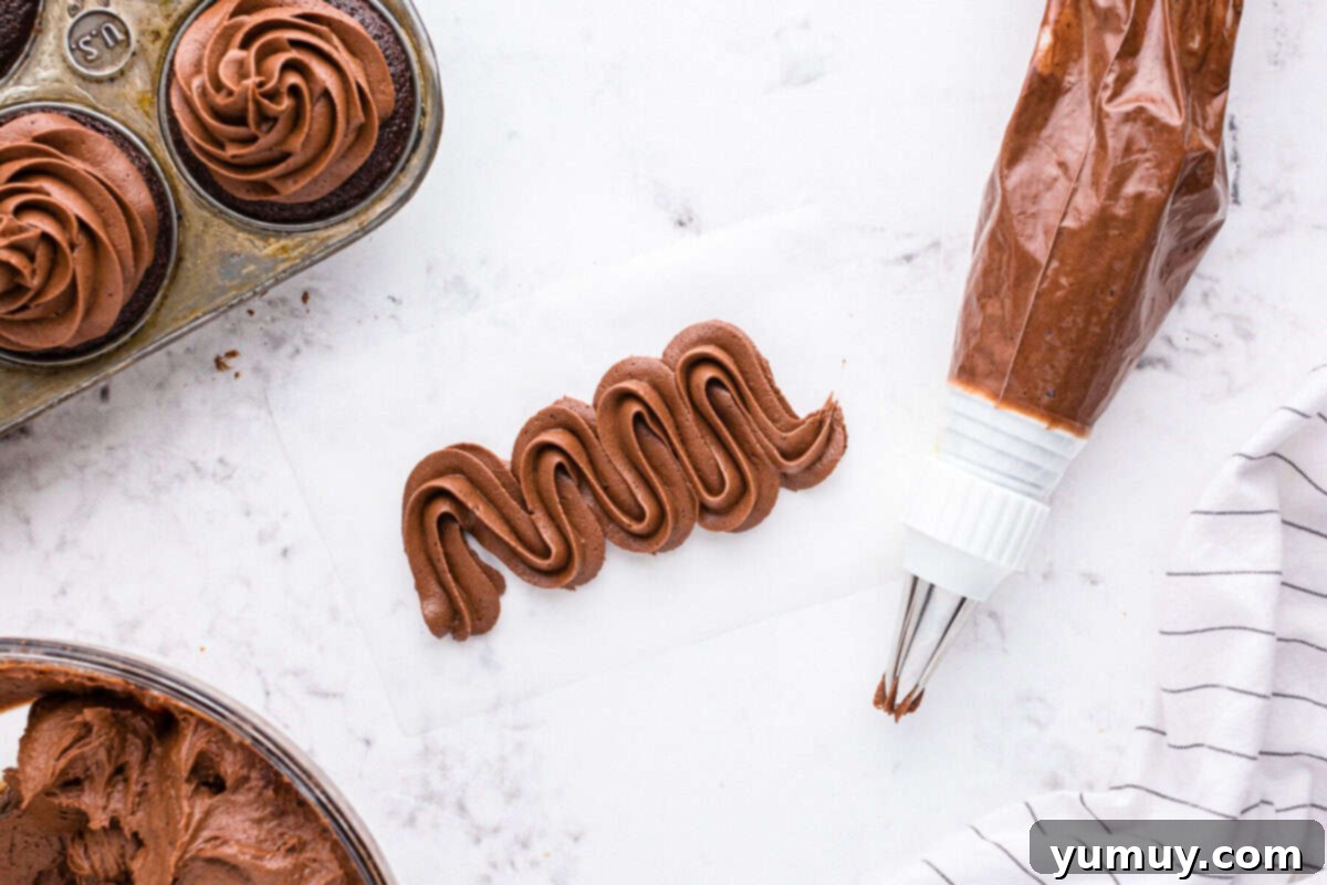 Velvet Chocolate Buttercream 13 piped chocolate buttercream on table