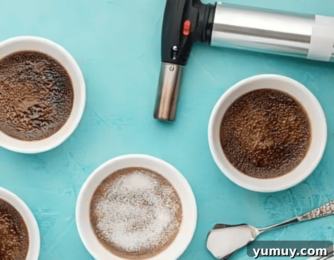 sprinkled sugar over chocolate creme brulee in ramekins.