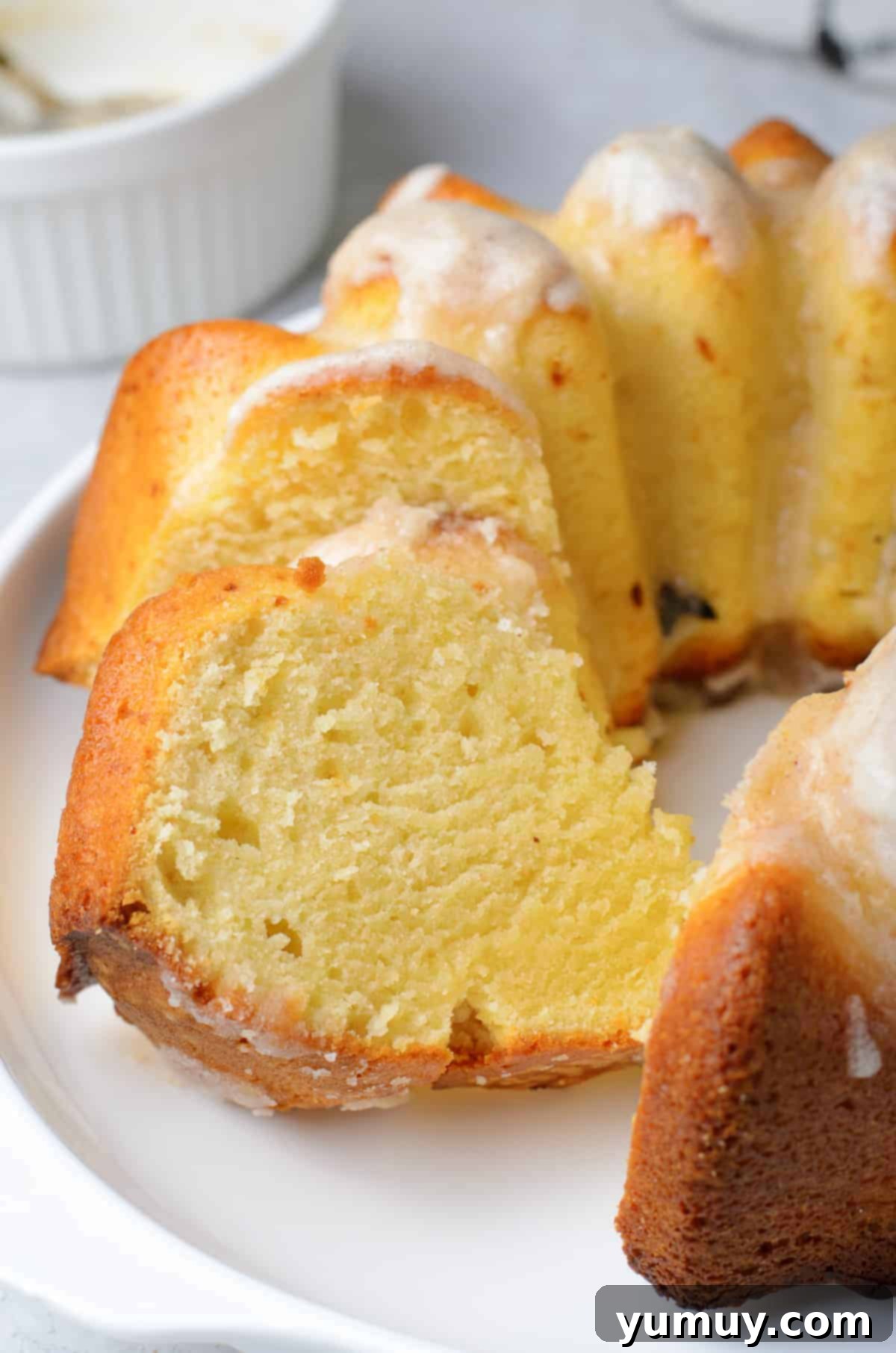slices of brown butter bundt cake on serving tray