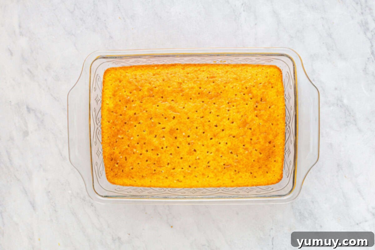 The baked yellow cake in a glass baking dish, with numerous deep holes already poked into its surface, ready for the creamy filling.