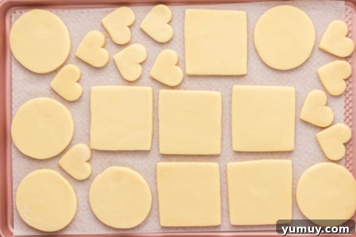 Fathers Day Cookie Creations 14 Various cookie shapes neatly cut out and arranged on a baking sheet, ready for the oven.