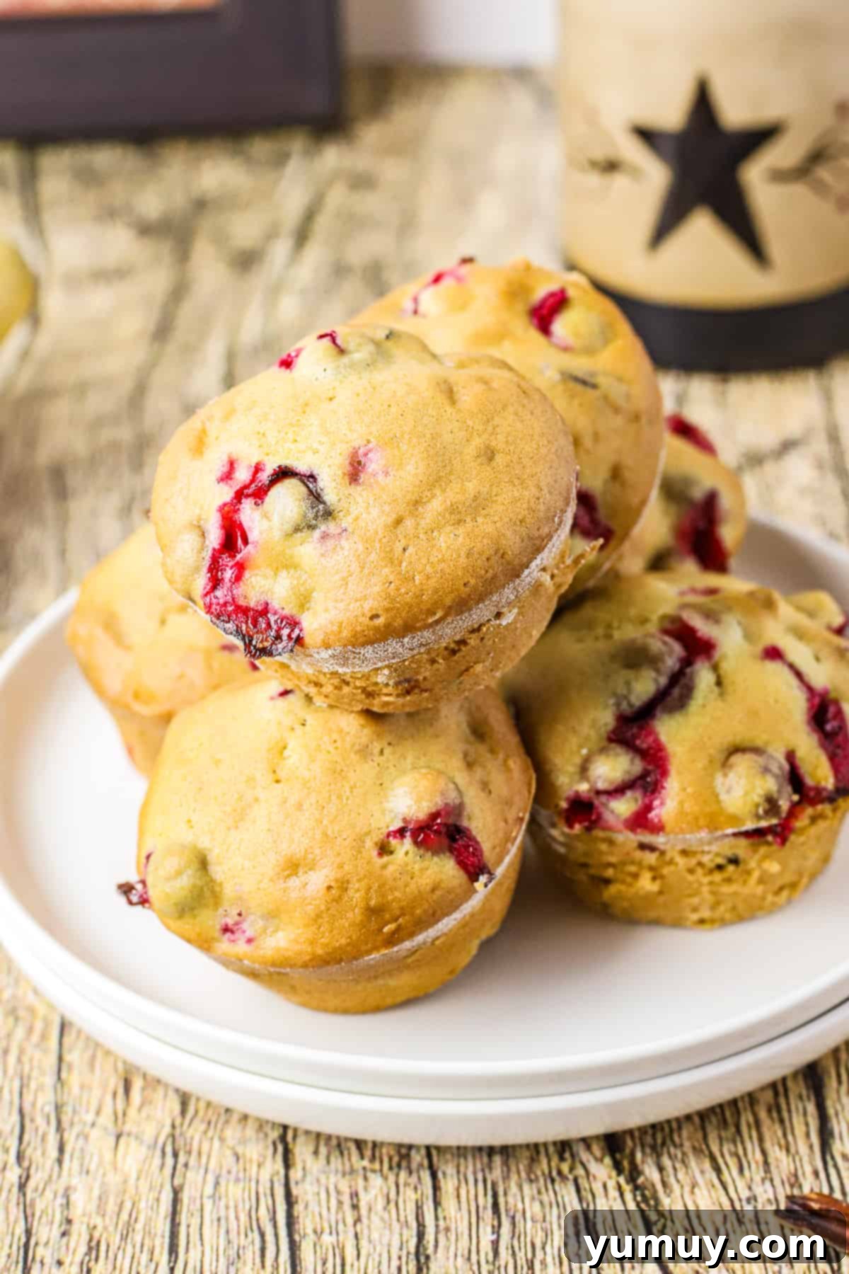 A trio of delicious Cranberry Orange Pecan Muffins on a pristine white plate, highlighting their perfectly baked texture and inviting golden color.