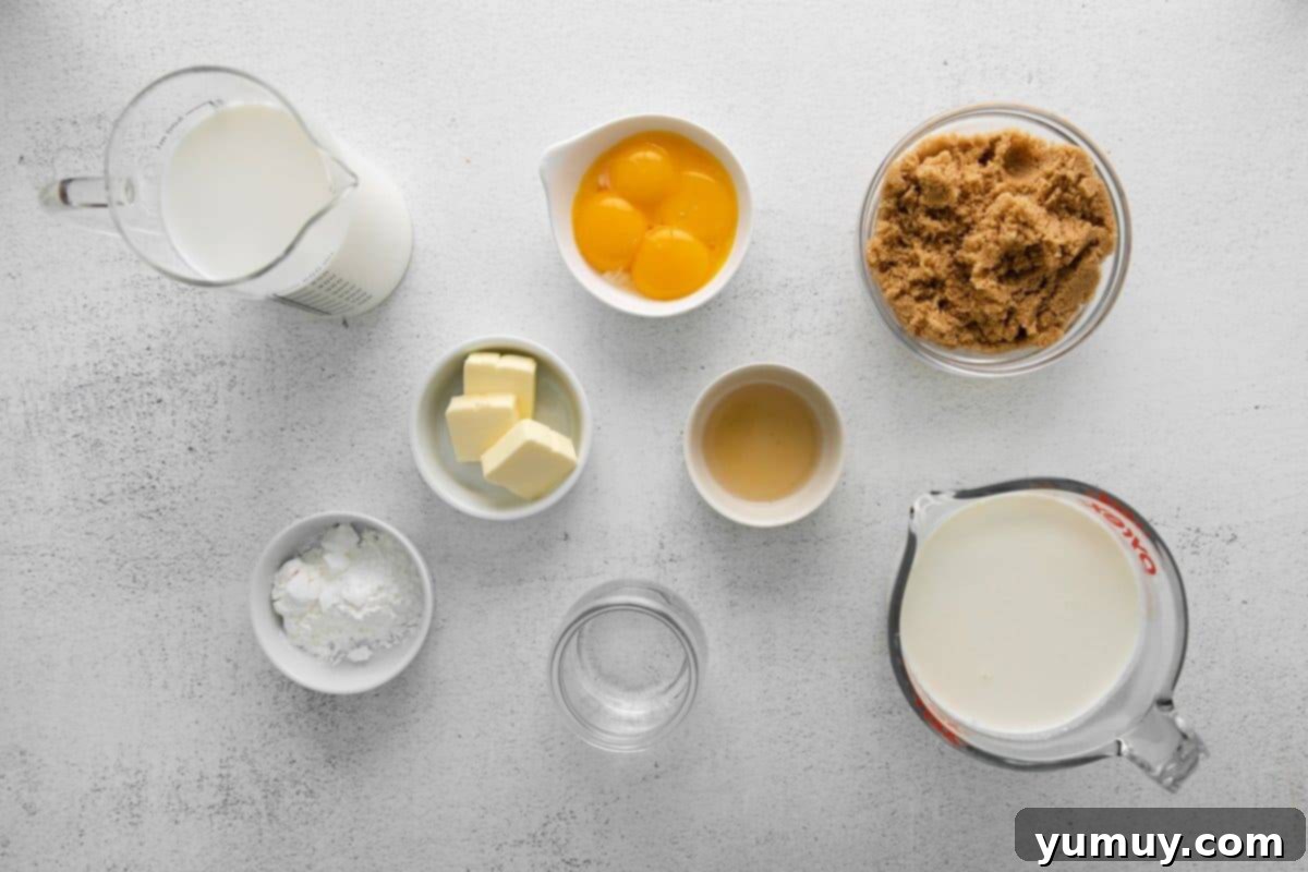 Rich Butterscotch Dream 5 measured ingredients for butterscotch budino in individual containers.