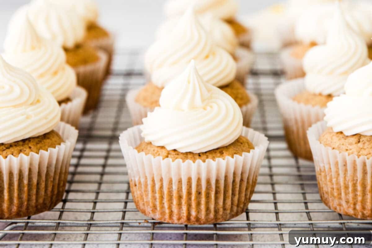 Twelve artfully frosted chai cupcakes arranged on a wire rack, showcasing their inviting appearance.