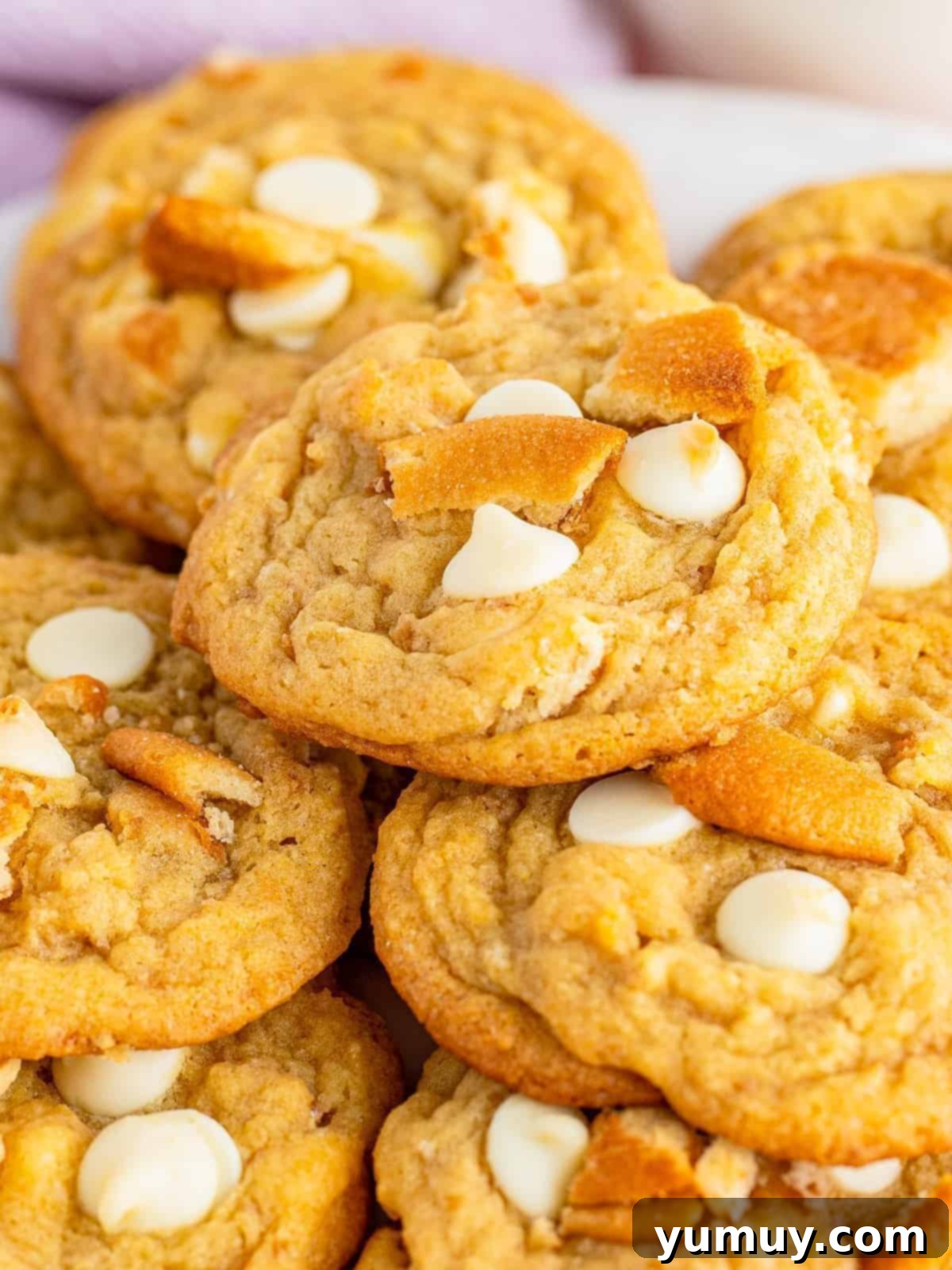 The Baker's 9 Essential Cookie Foundations 3 up close stacked banana pudding cookies on white plate