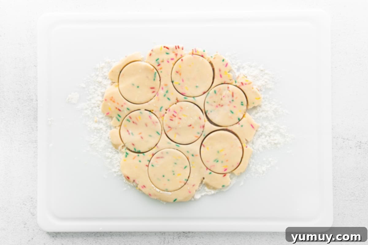 The Baker's 9 Essential Cookie Foundations 5 rolled out funfetti shortbread cookie dough cut in circles.