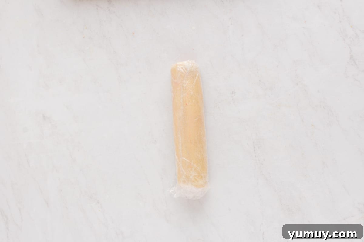 The Baker's 9 Essential Cookie Foundations 9 log of pinwheel cookie dough wrapped in plastic wrap