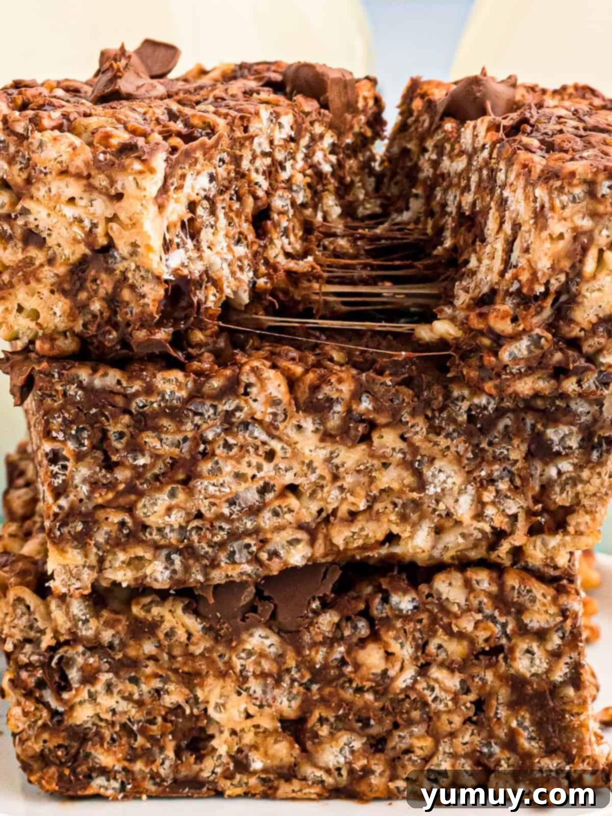 Chocolate Crackle Squares 3 A stack of chocolate chip Rice Krispie treats; one on top is pulled apart to show the melted marshmallow and chocolate center.