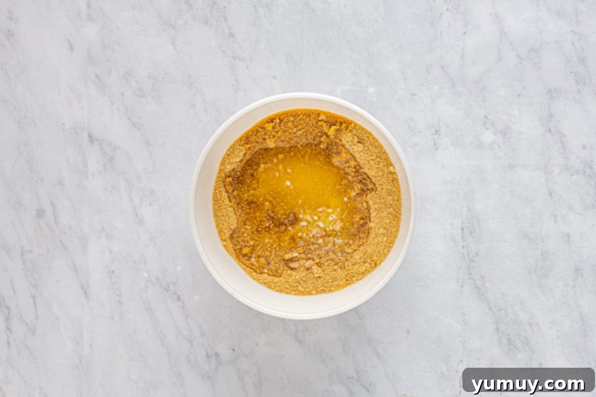 Graham cracker crust ingredients combined in a bowl, showing the texture resembling wet sand.