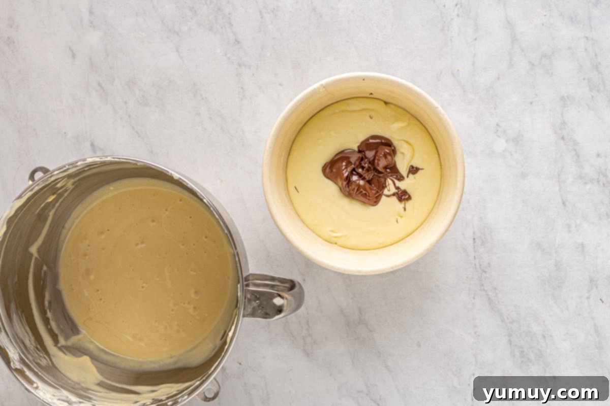 Half of the cheesecake batter mixed with melted chocolate chips, showcasing the rich color.