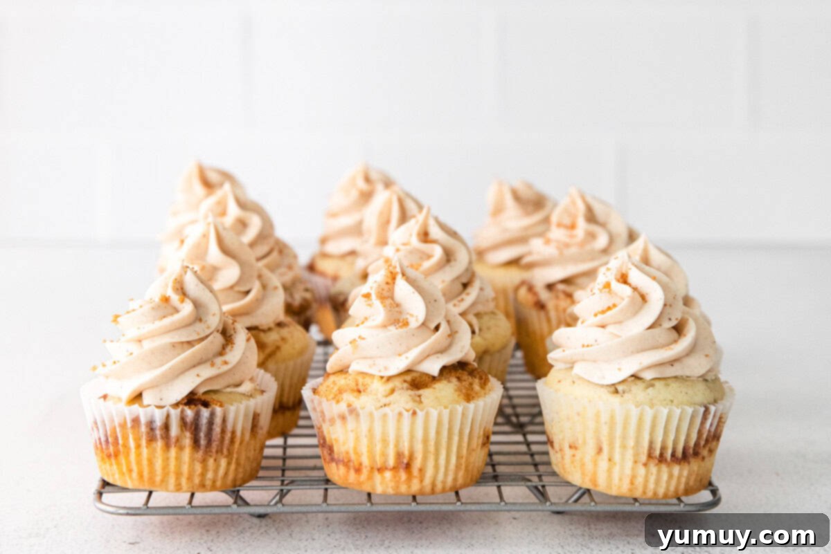 cinnamon swirl cupcakes on a wire rack.