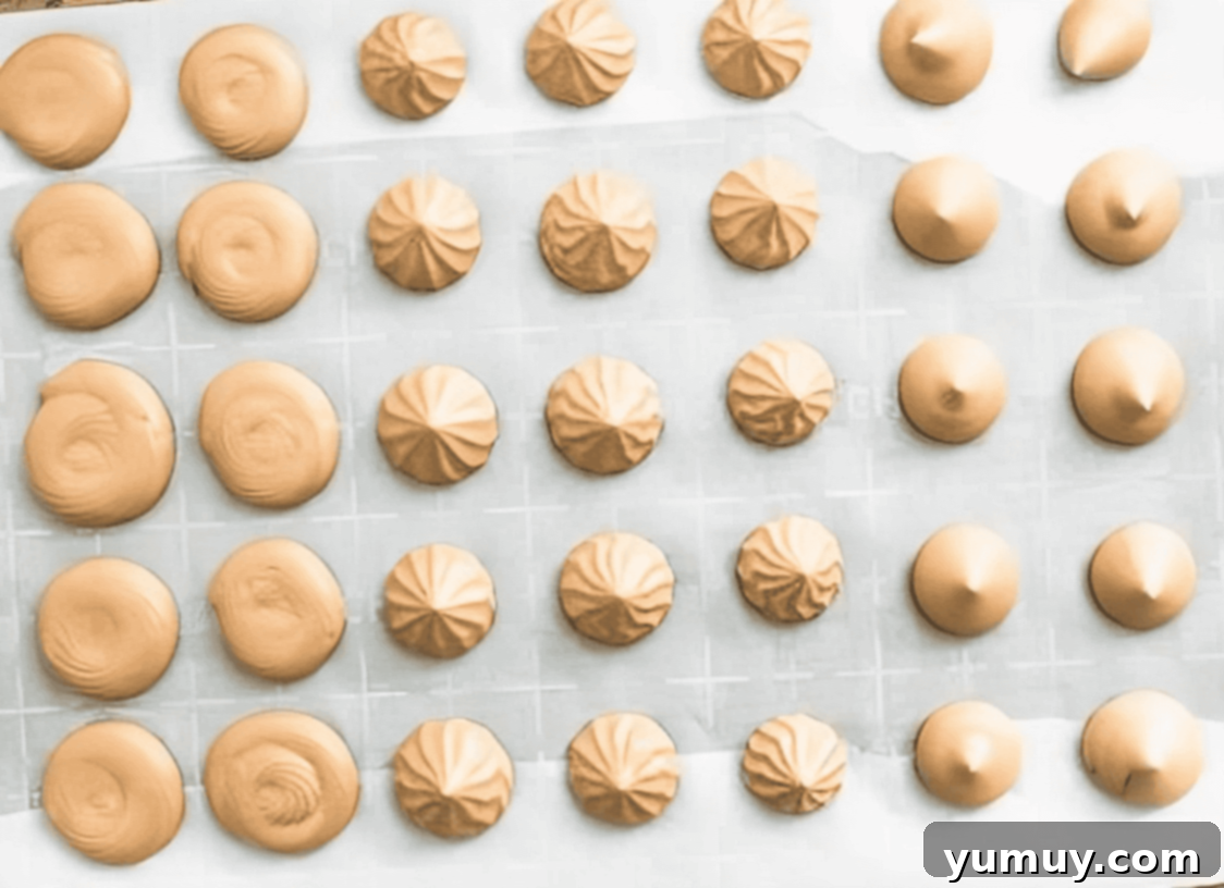 Rows of precisely piped chocolate meringue cookies on a parchment-lined baking sheet, ready for the oven.