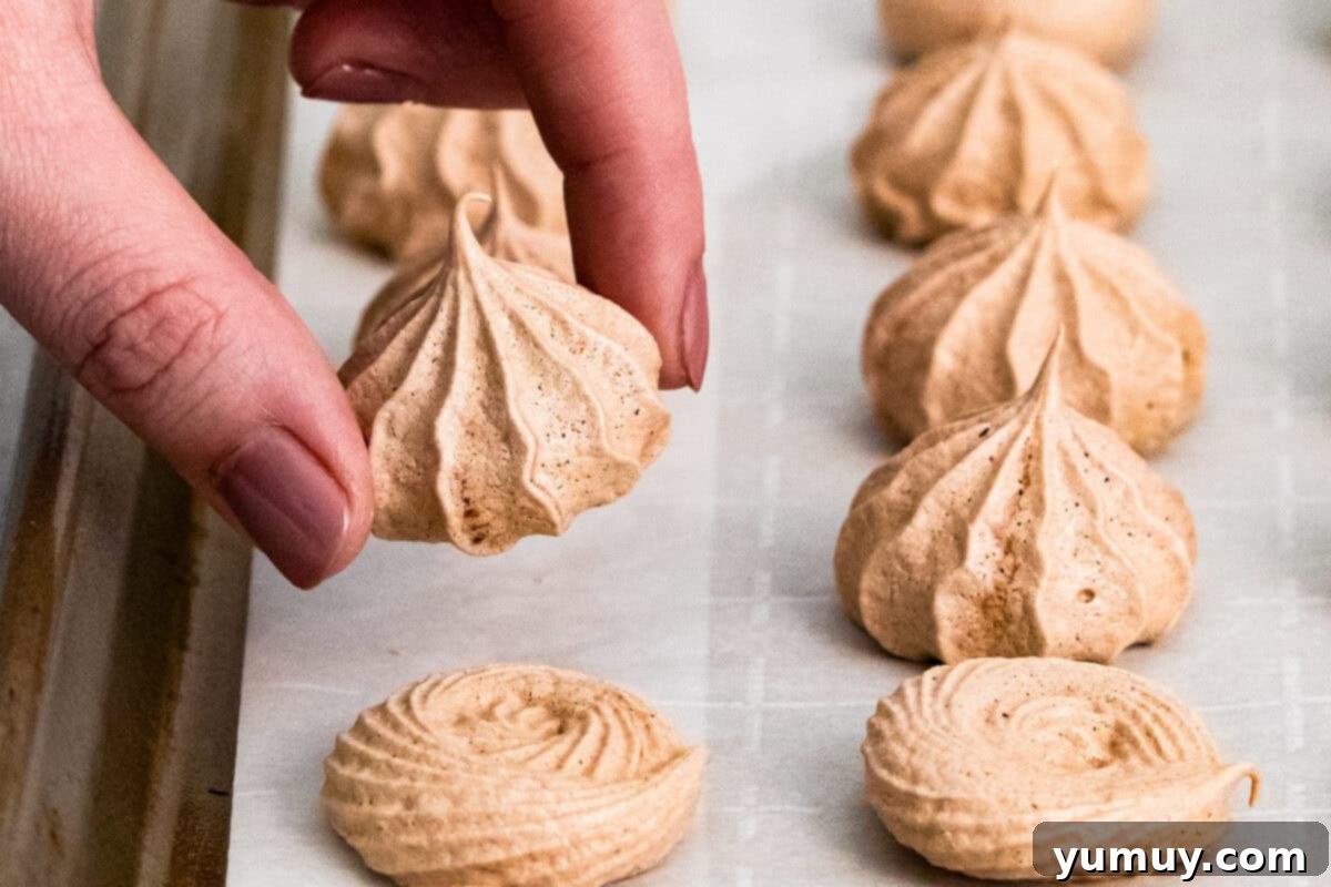 A delicate chocolate meringue cookie being gently lifted from a baking sheet, showcasing its crisp, dry texture.