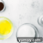 All the simple ingredients for chocolate meringue cookies laid out: egg whites, sugar, cocoa, and cream of tartar.