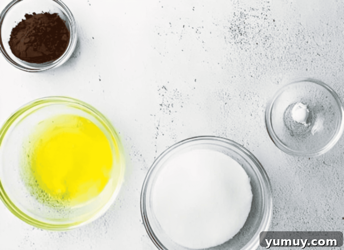 All the simple ingredients for chocolate meringue cookies laid out: egg whites, sugar, cocoa, and cream of tartar.