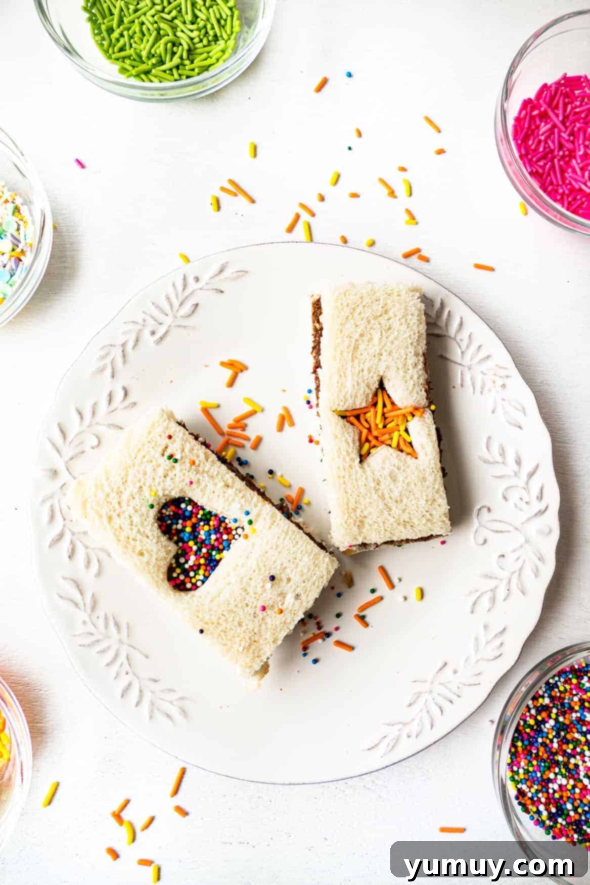 Fairy Bread Double Delight 2 fairy bread with nutella cut outs on white plate