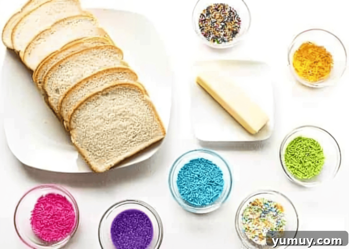 Fairy Bread Double Delight 11 ingredients for fairy bread: white bread, butter, and sprinkles.