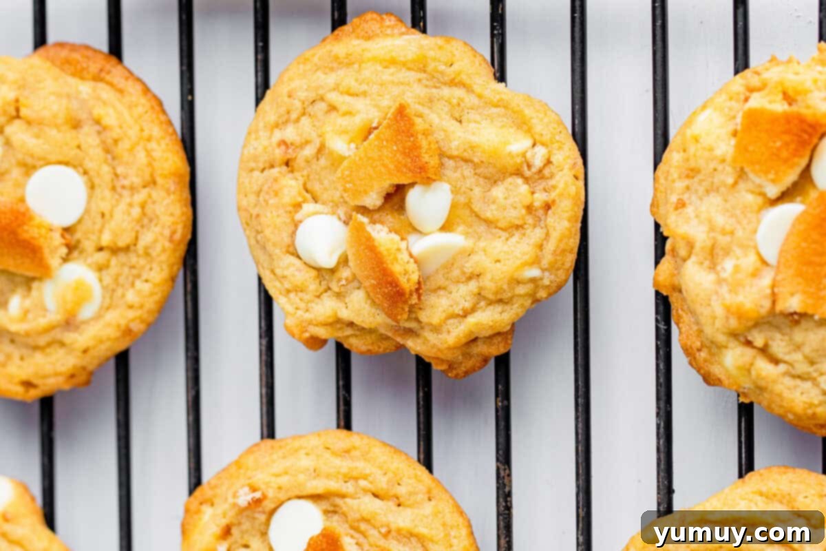 Southern Banana Pudding Cookies 17 Freshly baked banana pudding cookies cooling on a wire rack after being removed from the oven