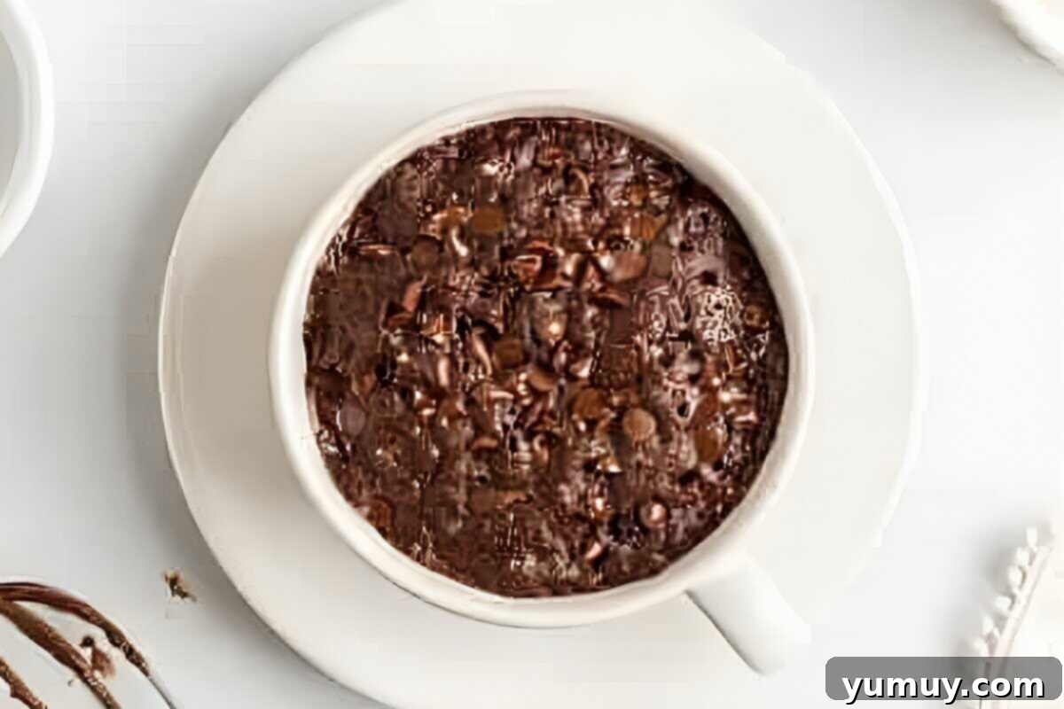 A perfectly microwaved chocolate mug cake, still warm and inviting, in a white coffee cup.