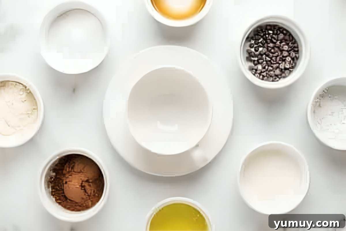 All the essential ingredients for making a delicious chocolate mug cake laid out on a surface.