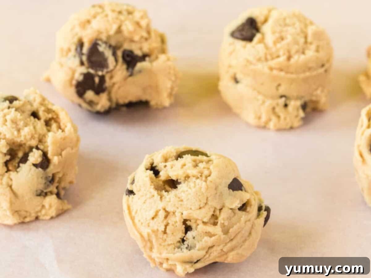 balls of edible chocolate chip cookie dough on a cutting board.
