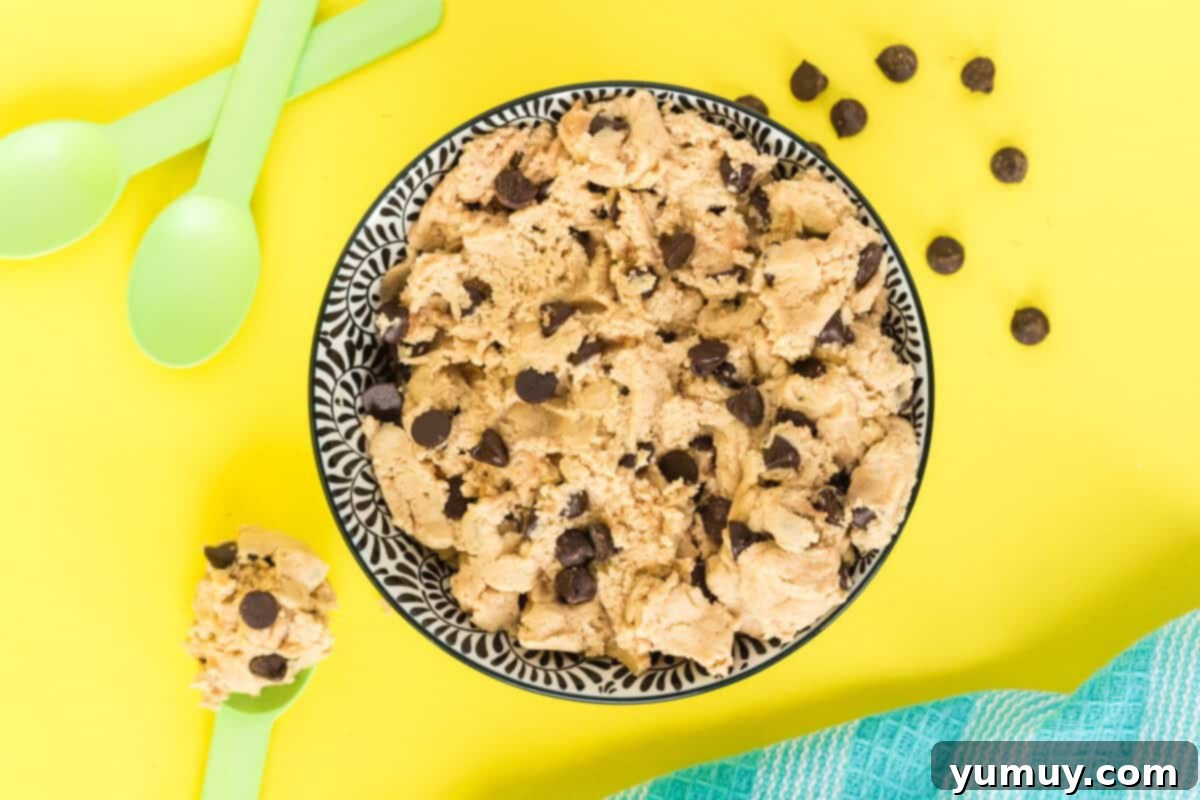 edible chocolate chip cookie dough in a serving bowl.
