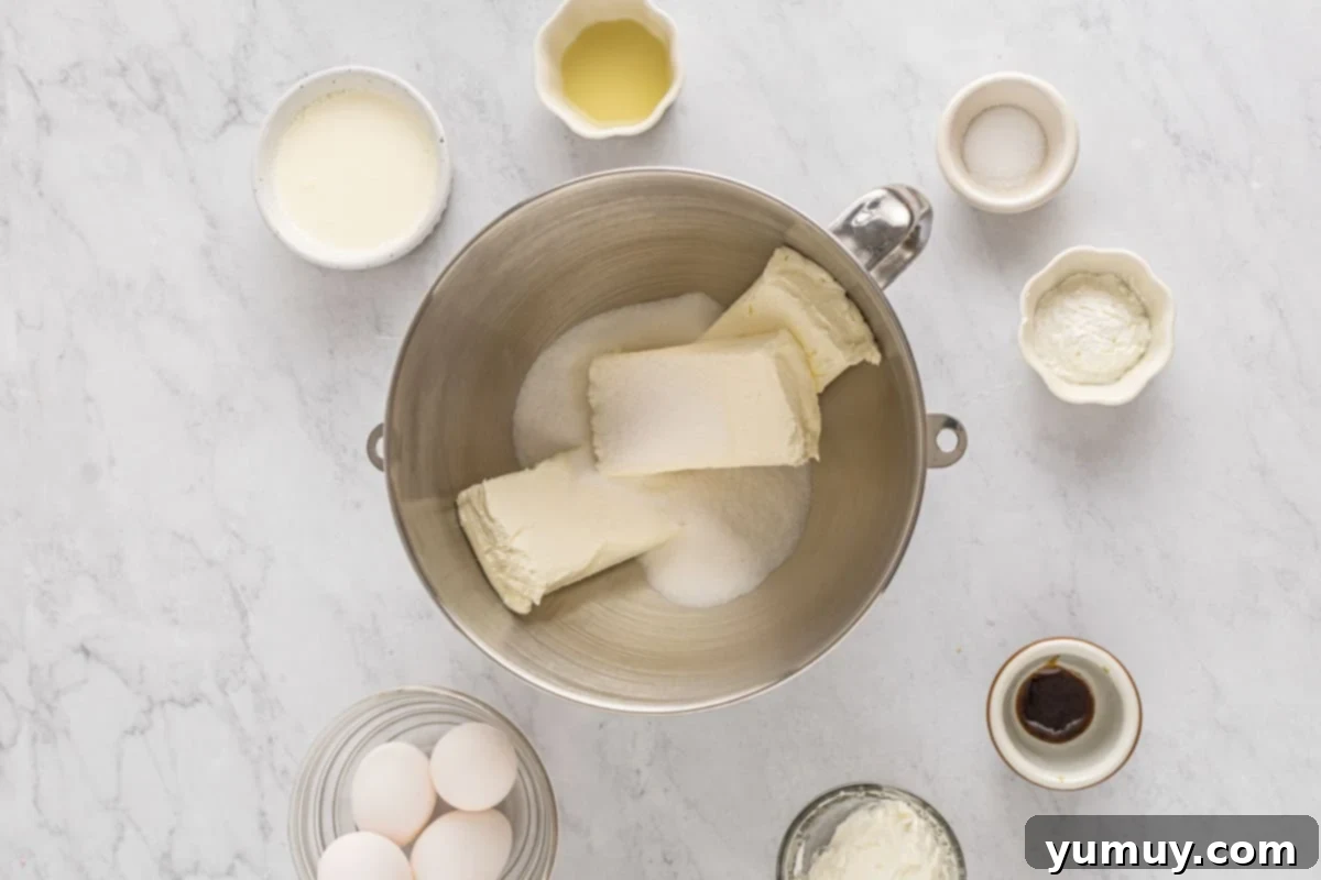 overhead view of cream cheese and sugar in a stainless mixing bowl.