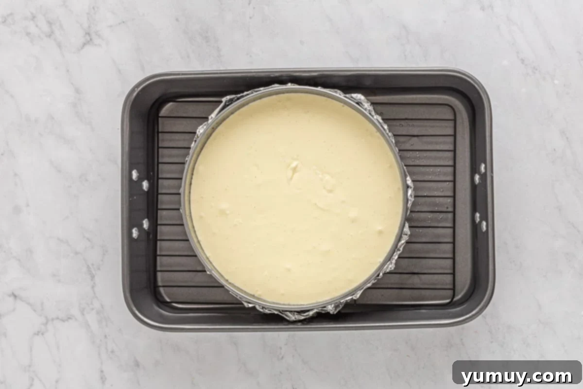overhead view of creme brulee cheesecake batter in a springform pan wrapped in aluminum foil and set in a roasting pan.