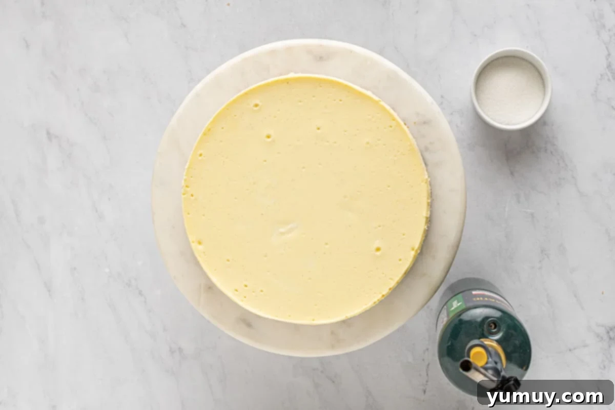 overhead view of creme brulee cheesecake on a white cake stand.