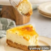 a forkful of creme brulee cheesecake hovering above a slice on a white plate.