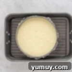 overhead view of creme brulee cheesecake batter in a springform pan wrapped in aluminum foil and set in a roasting pan.