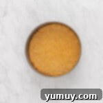 Overhead view of a golden, baked double crust cheesecake crust in a springform pan.