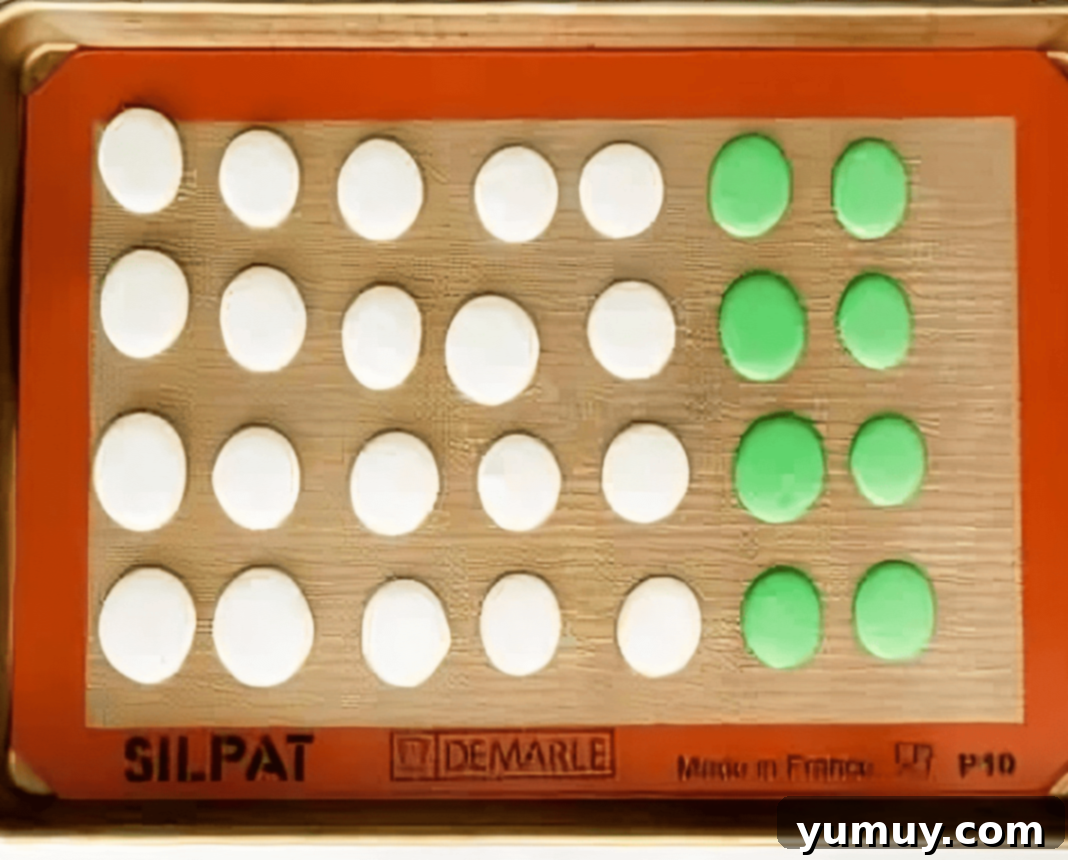 Springtime Macaron Delights 12 Egg-shaped macaron shells perfectly piped on a Silpat mat, demonstrating ideal spacing and readiness for the oven.