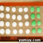 Springtime Macaron Delights 7 Egg-shaped macaron shells perfectly piped and resting on a Silpat mat, ready for baking and showcasing their smooth surface.