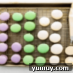 Springtime Macaron Delights 9 Two macaron shells being assembled with a dollop of vanilla buttercream in between, showing the filling process.