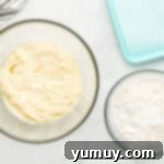 Whimsical Easter Egg Cookies 5 Overhead view of wet and dry ingredients for Easter egg sugar cookies in separate glass bowls.