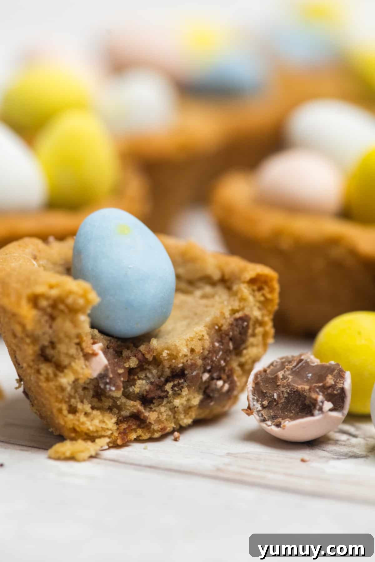 close up of a halved easter basket cookie cup.