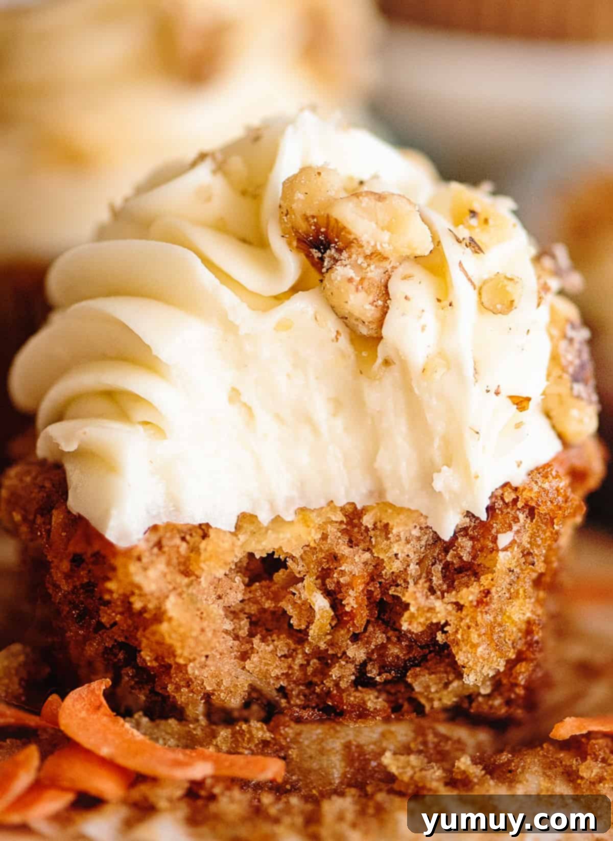 Spiced Carrot Cupcakes with Cream Cheese Frosting 3 up close bite out of carrot cake cupcake