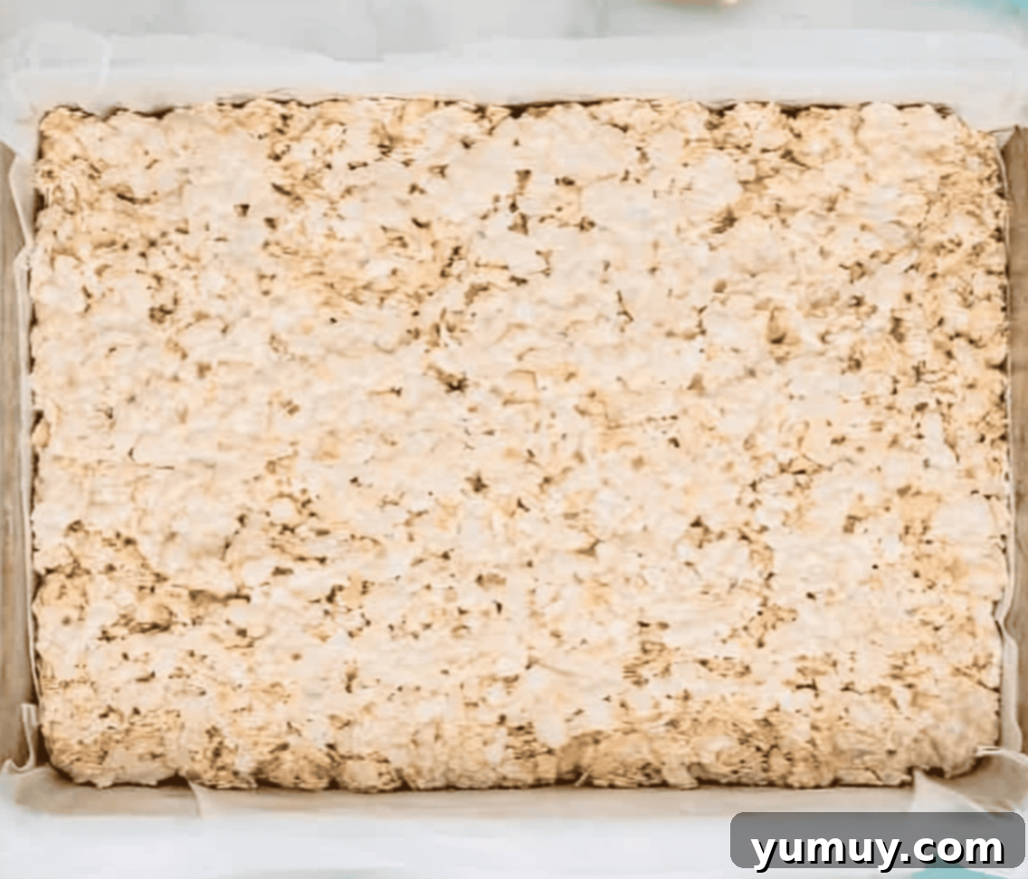 Spring Crispy Delights 8 Rice Krispie treats mixture spread evenly in a baking pan.