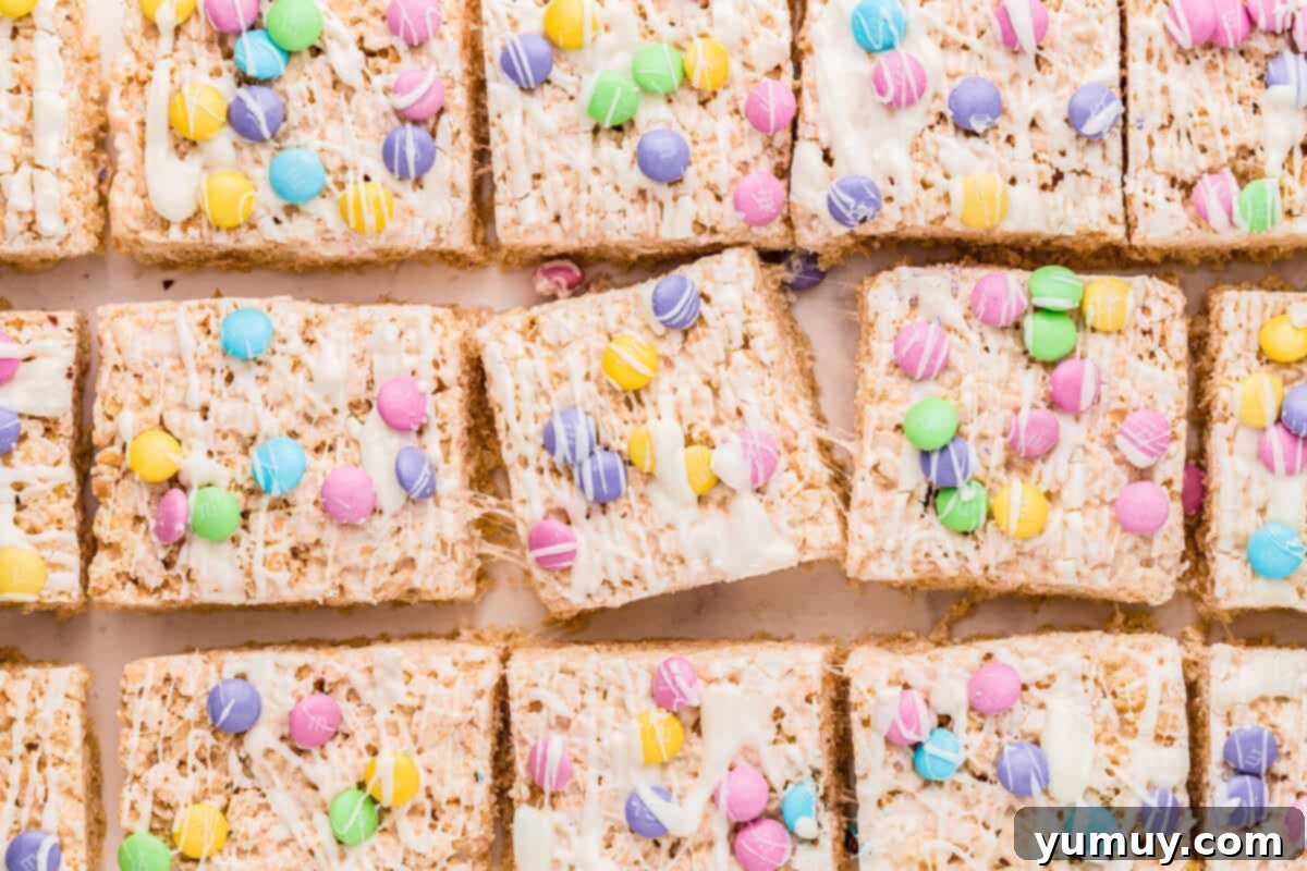 Spring Crispy Delights 10 Overhead view of sliced Easter Rice Krispie Treats ready to serve.