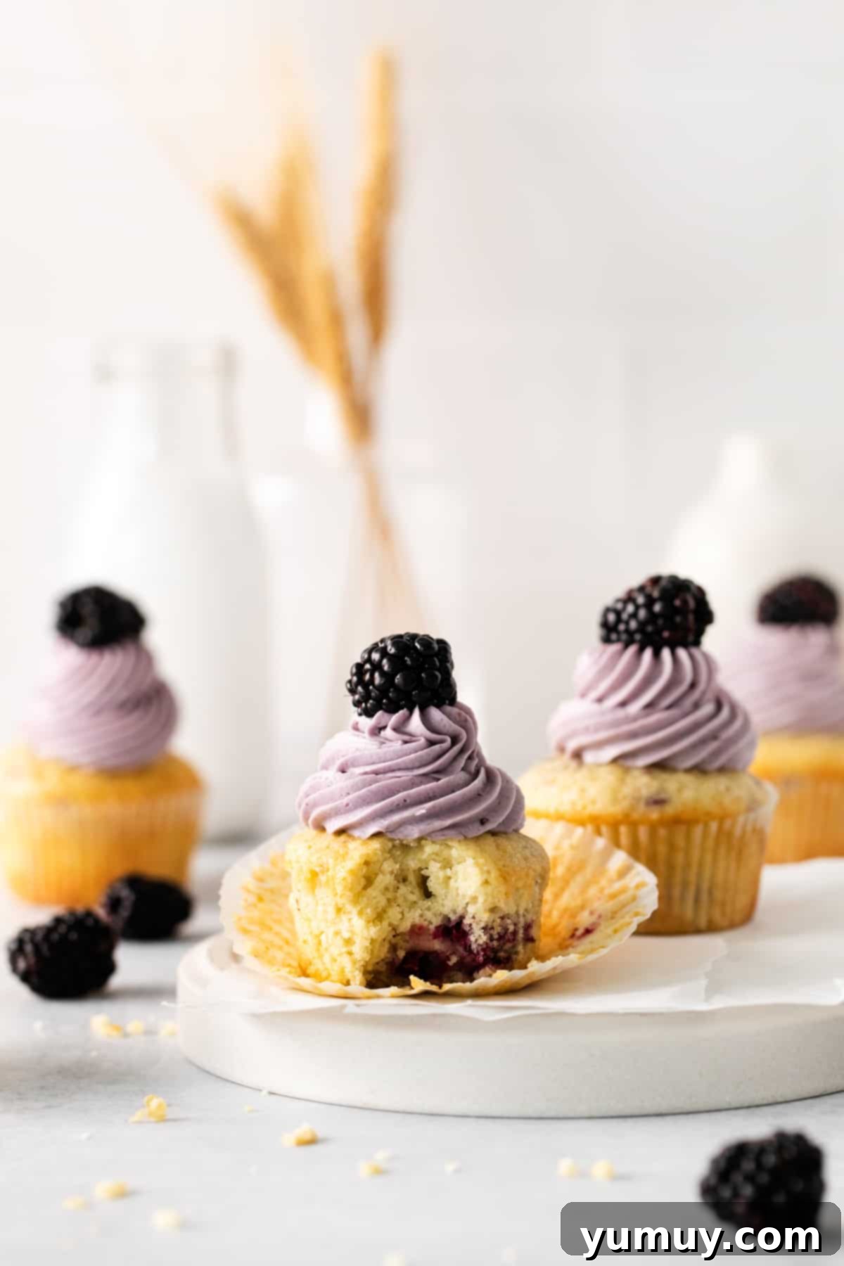 Luscious Blackberry Cupcakes 2 Two beautifully frosted blackberry cupcakes, one with a bite taken, showcasing the fresh blackberry pieces within the cake and atop the frosting.