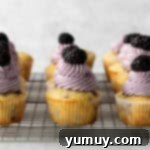 Luscious Blackberry Cupcakes 10 Freshly frosted blackberry cupcakes arranged neatly on a cooling rack.