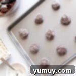 Gooey Chocolate Marshmallow Cookies 12 Balls of unbaked marshmallow cookies lined up on a baking sheet, ready for the oven.